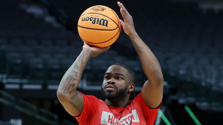 Mar 28, 2024; Dallas, TX, USA; Houston Cougars guard Jamal Shead (1) goes through drills during practice at American Airline Center. Mandatory Credit: Tim Heitman-USA TODAY Sports