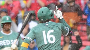 May 24, 2025; Boston, Massachusetts, USA; Boston Red Sox left fielder Jarren Duran (16) reacts after hitting a home run during the first inning against the Baltimore Orioles at Fenway Park. 