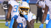 Former Auburn Tigers WR KeAndre Lambert-Smith celebrates his first touchdown with the LA Chargers in the Hall of Fame Game.