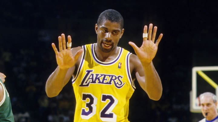 Unknown date; Los Angeles, CA, USA; FILE PHOTO; Los Angeles Lakers guard Magic Johnson (32) reacts