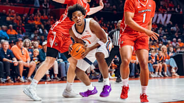 Illinois guard Brandon Lee (1) gathers around two defenders in the Illini's 92-65 exhibition win over Illinois State last week at the State Farm Center in Champaign, Illinois.
