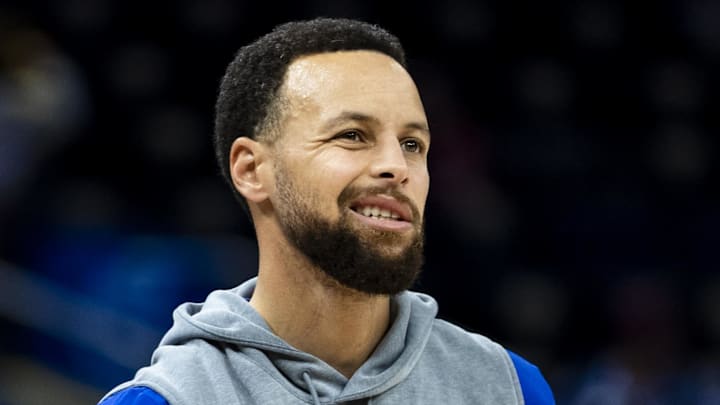 Jan 17, 2026; San Francisco, California, USA; Golden State Warriors guard Stephen Curry (30) reacts during warmups before the game against the Charlotte Hornets at Chase Center. Mandatory Credit: John Hefti-Imagn Images