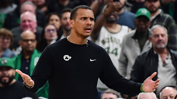 May 14, 2025; Boston, Massachusetts, USA; Boston Celtics head coach Joe Mazzulla reacts after a call in the second half during game five of the second round for the 2025 NBA Playoffs against the New York Knicks at TD Garden. Mandatory Credit: Bob DeChiara-Imagn Images