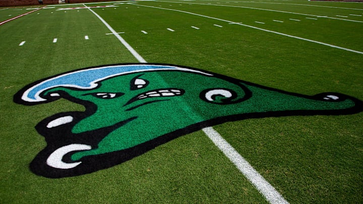 The Tulane Green Wave is painted on the field of the Gaylord Family Oklahoma Memorial Stadium in Norman, Okla. on Friday, Sept. 3, 2021. 