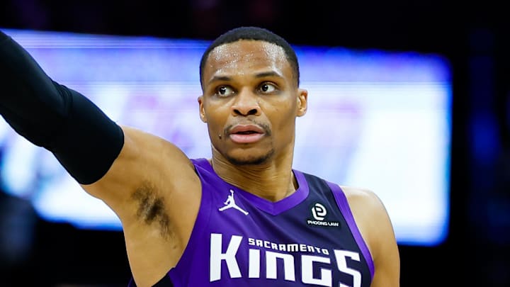 Jan 16, 2026; Sacramento, California, USA; Sacramento Kings guard Russell Westbrook (18) points to the bench during the fourth quarter against the Washington Wizards at Golden 1 Center. Mandatory Credit: Sergio Estrada-Imagn Images