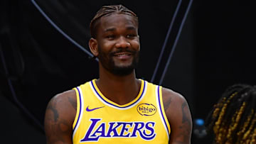 Sep 29, 2025; Los Angeles, CA, USA; Los Angeles Lakers guard Augustus Marciulionis (31), center Deandre Ayton (5) and guard R.J. Davis (55) during media day at UCLA Health Training Center. Mandatory Credit: Gary A. Vasquez-Imagn Images