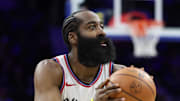 Nov 17, 2025; Philadelphia, Pennsylvania, USA; LA Clippers guard James Harden (1) shoots the ball against the Philadelphia 76ers during the fourth quarter at Xfinity Mobile Arena. Mandatory Credit: Bill Streicher-Imagn Images