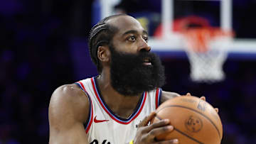 Nov 17, 2025; Philadelphia, Pennsylvania, USA; LA Clippers guard James Harden (1) shoots the ball against the Philadelphia 76ers during the fourth quarter at Xfinity Mobile Arena. Mandatory Credit: Bill Streicher-Imagn Images