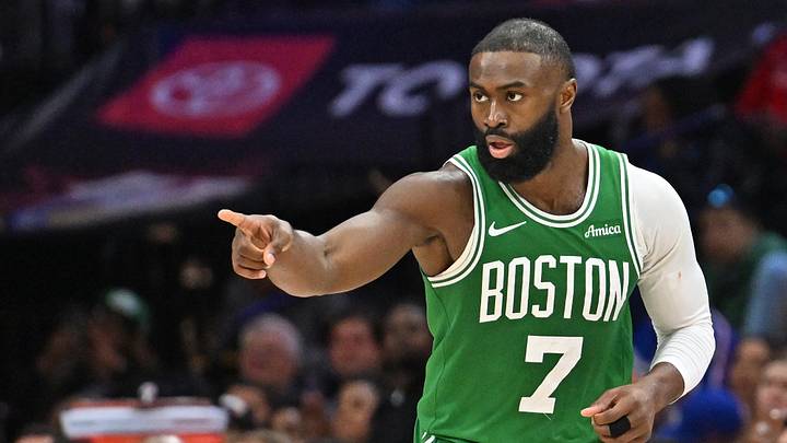Apr 26, 2026; Philadelphia, Pennsylvania, USA; Boston Celtics guard Jaylen Brown (7) reacts after making a three point basket against the Philadelphia 76ers during the second half at Xfinity Mobile Arena. Mandatory Credit: Eric Hartline-Imagn Images