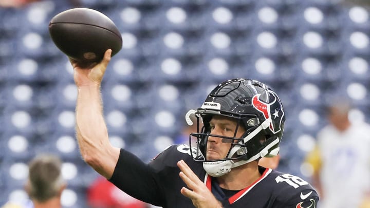 Aug 24, 2024; Houston, Texas, USA;  Houston Texans quarterback Case Keenum (18) warms up before playing  against the Los Angeles Rams at NRG Stadium. Mandatory Credit: Thomas Shea-USA TODAY Sports