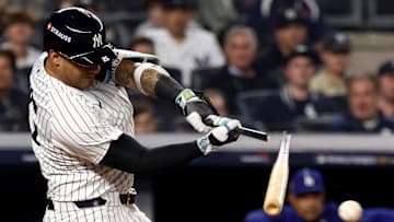 Oct 30, 2024; New York, New York, USA; New York Yankees second baseman Gleyber Torres (25) breaks his bat on a ground out during the seventh inning against the Los Angeles Dodgers in game five of the 2024 MLB World Series at Yankee Stadium. Mandatory Credit: Vincent Carchietta-Imagn Images