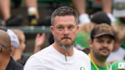 Oregon head coach Dan Lanning walks the field as the Oregon Ducks host the Oklahoma State Cowboys on Sept. 6, 2025, at Autzen Stadium in Eugene, Oregon.