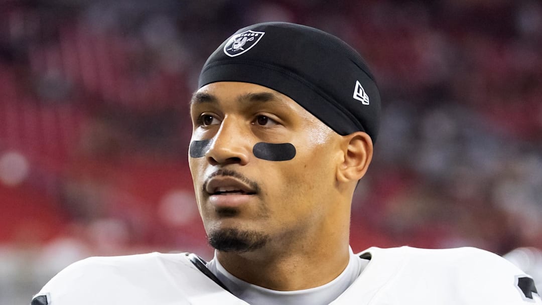 Aug 23, 2025; Glendale, Arizona, USA; Las Vegas Raiders safety Isaiah Pola-Mao (20) against the Arizona Cardinals during a preseason NFL game at State Farm Stadium. Mandatory Credit: Mark J. Rebilas-Imagn Images