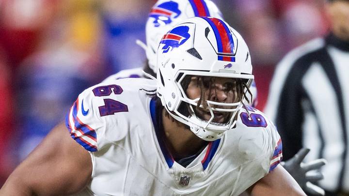 Jan 26, 2025; Kansas City, MO, USA; Buffalo Bills guard O'Cyrus Torrence (64) against the Kansas City Chiefs during the AFC Championship game at GEHA Field at Arrowhead Stadium. Mandatory Credit: Mark J. Rebilas-Imagn Images