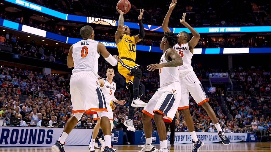 UMBC’s Jairus Lyles shoots against Virginia in the 2018 first round.