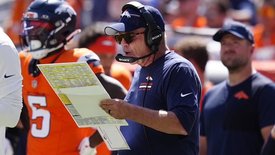 Sep 7, 2025; Denver, Colorado, USA; Denver Broncos head coach Sean Payton in the first half at Empower Field at Mile High. 
