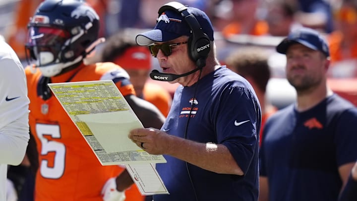 Sep 7, 2025; Denver, Colorado, USA; Denver Broncos head coach Sean Payton in the first half at Empower Field at Mile High. 
