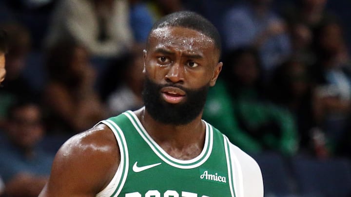 Oct 8, 2025; Memphis, Tennessee, USA; Boston Celtics guard Jaylen Brown (7) reacts toward an official after a technical foul call during the second quarter against the Memphis Grizzlies at FedExForum. Mandatory Credit: Petre Thomas-Imagn Images