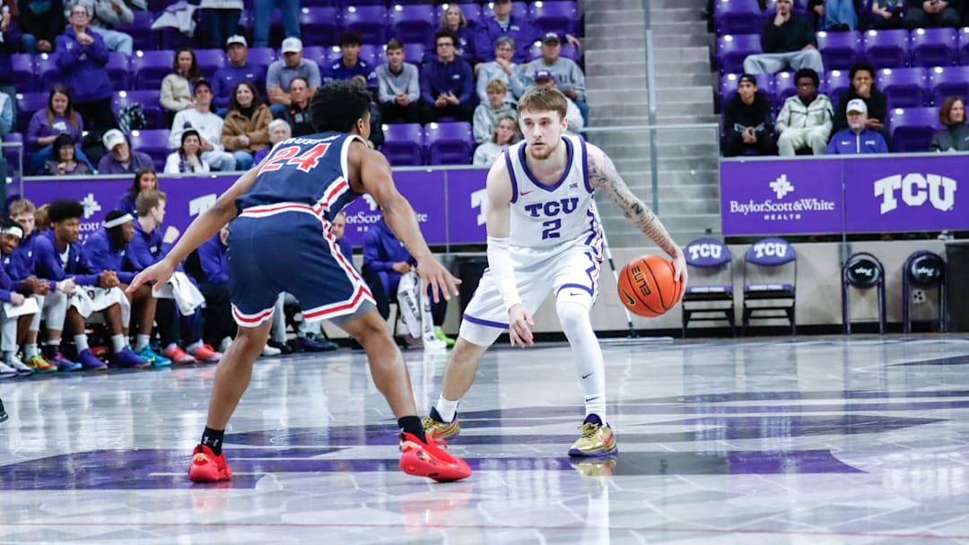 Brock Harding handles the ball in TCU's win over Jackson State on Monday, December 29, 2025.
