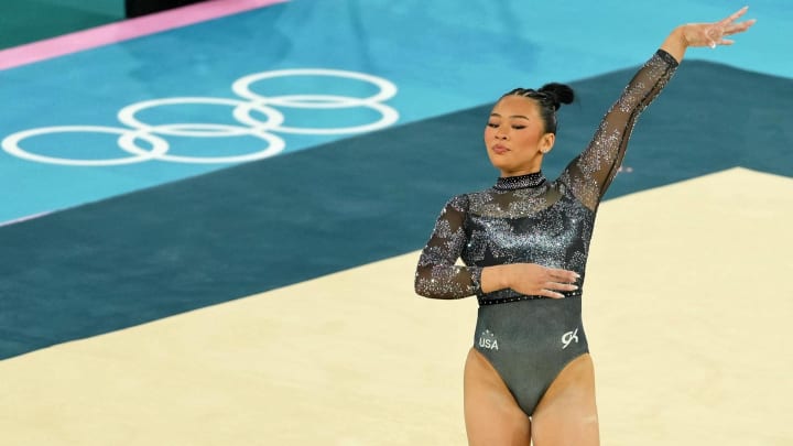 Sunisa Lee of the United States performs on the floor exercise in women's qualification during the 2024 Olympic Summer Games at Bercy Arena.