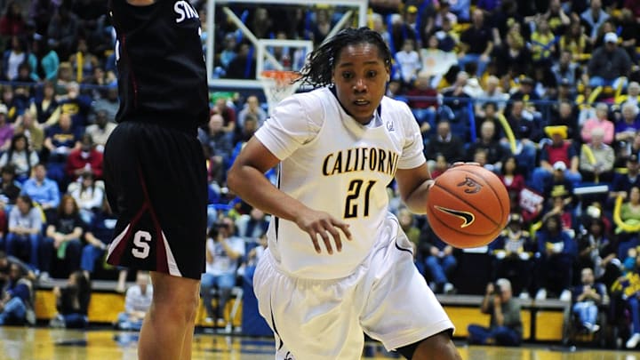March 6, 2010; Berkeley, CA, USA; California Golden Bears guard Alexis Gray-Lawson (21) dribbles the ball around Stanford Cardinal Rosalyn Gold-Onwude (left) during the first half at Haas Pavilion. Mandatory Credit: Kyle Terada-Imagn Images