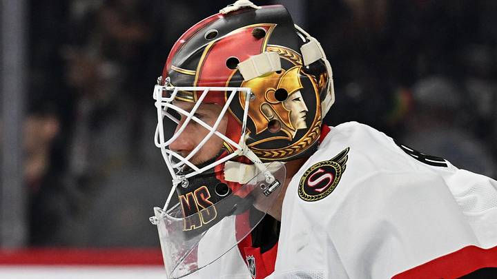 Feb 5, 2026; Philadelphia, Pennsylvania, USA; Ottawa Senators goaltender James Reimer (47) against the Philadelphia Flyers during the first period at Xfinity Mobile Arena. Mandatory Credit: Eric Hartline-Imagn Images