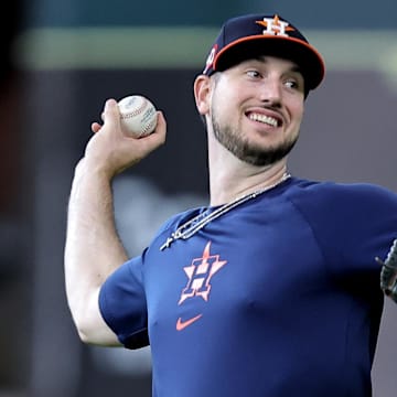 Aug 16, 2024; Houston, Texas, USA; Houston Astros right fielder Kyle Tucker (30) works out prior to the game against the Chicago White Sox at Minute Maid Park