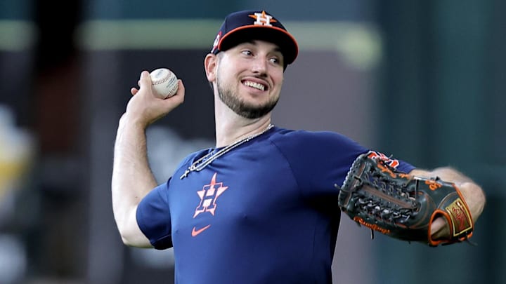 Aug 16, 2024; Houston, Texas, USA; Houston Astros right fielder Kyle Tucker (30) works out prior to the game against the Chicago White Sox at Minute Maid Park