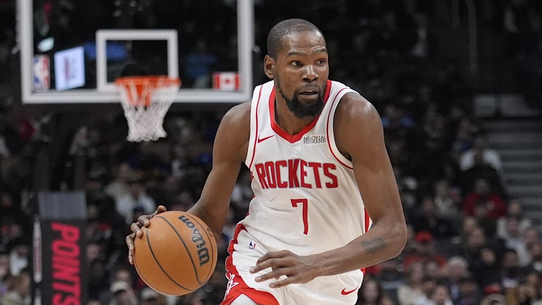 Oct 29, 2025; Toronto, Ontario, CAN; Houston Rockets forward Kevin Durant (7) dribbles the ball against the Toronto Raptors during the second half at Scotiabank Arena. Mandatory Credit: John E. Sokolowski-Imagn Images