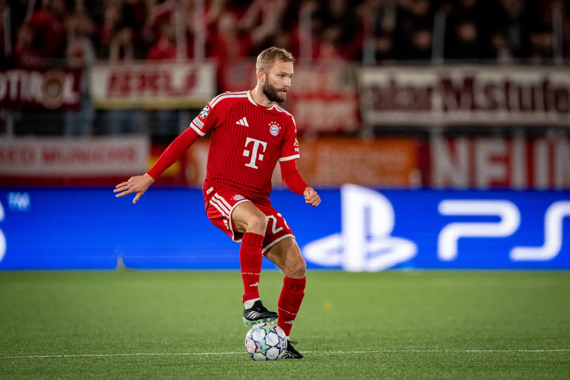 Konrad Laimer of FC Bayern Muenchen dribbles the ball during the UEFA Champions League 2026/27 League Phase.