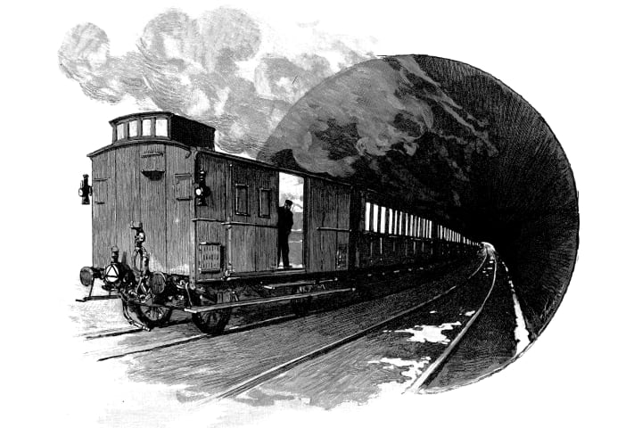 19th century illustration of train going into tunnel