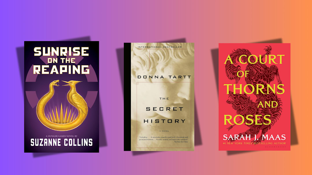 Covers of books ‘Sunrise on the Reaping’ by Suzanne Collins, ‘The Secret History’ by Donna Tartt, and ‘A Court of Thorns and Roses’ by Sarah J. Maas Covers of books ‘Sunrise on the Reaping’ by Suzanne Collins, ‘The Secret History’ by Donna Tartt, and ‘A Court of Thorns and Roses’ by Sarah J. Maas