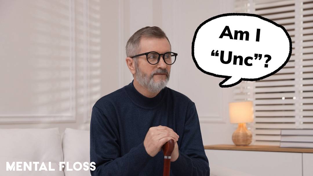 Older person with cane with speech bubble reading "am I 'unc'?" Older person with cane with speech bubble reading "am I 'unc'?"