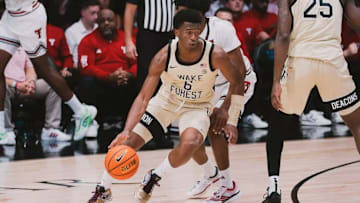Wake Forest guard Myles Colvin dribbles the ball against Texas Tech