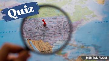 Map of U.S. with magnifying glass and "quiz" next to it