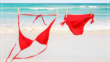 Red bikini on a clothesline.