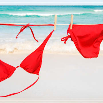 Red bikini on a clothesline.