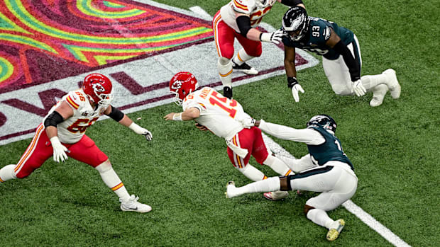 Mahomes was sacked six times by the swarming Eagles defense. 