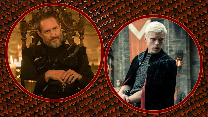 Bertie Carvel as Baelor Targaryen and Finn Bennett as Aerion Targaryen in A Knight of the Seven Kingdoms