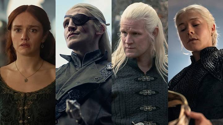 Alicent Hightower (Olivia Cooke), Aemond Targaryen (Ewan Mitchell), Daemon Targaryen (Matt Smith), Rhaenyra Targaryen (Emma D’Arcy)