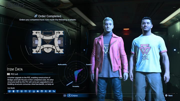 Two men appearing as holograms, one in a pink jacket and black shirt, the other in a white t-shirt.