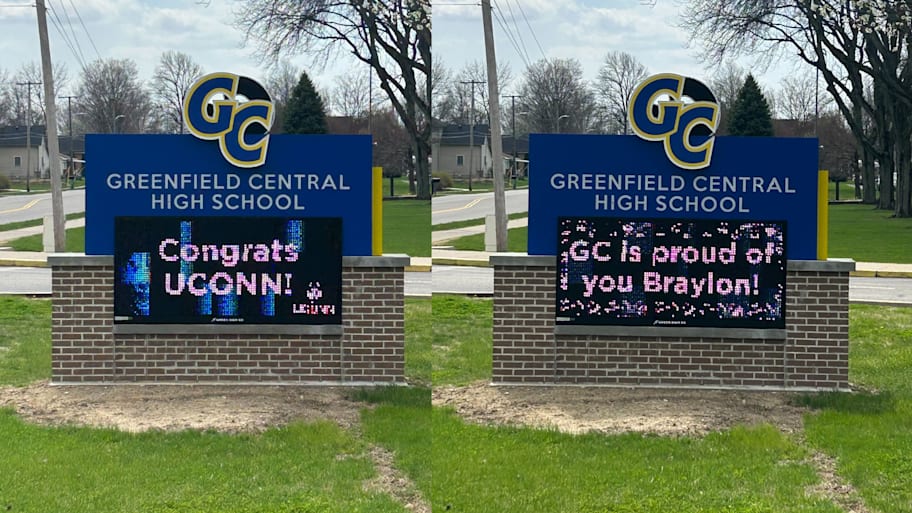Greenfield-Central High School celebrates UConn and Braylon Mullins after the East Regional final.