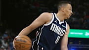 Apr 18, 2025; Memphis, Tennessee, USA; Dallas Mavericks guard Dante Exum (0) dribbles during the first quarter against the Memphis Grizzlies at FedExForum. Mandatory Credit: Petre Thomas-Imagn Images