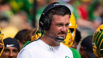 Oregon head coach Dan Lanning looks on as the Oregon Ducks host the Montana State Bobcats on Aug. 30, 2025, at Autzen Stadium in Eugene, Oregon.