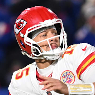 Nov 2, 2025; Orchard Park, New York, USA; Kansas City Chiefs quarterback Patrick Mahomes (15) throws the ball in the second half against the Buffalo Bills at Highmark Stadium. Mandatory Credit: Mark Konezny-Imagn Images