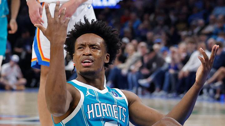 Jan 5, 2026; Oklahoma City, Oklahoma, USA; Charlotte Hornets guard Collin Sexton (8) reacts after a play against the Oklahoma City Thunder during the second half at Paycom Center. Mandatory Credit: Alonzo Adams-Imagn Images