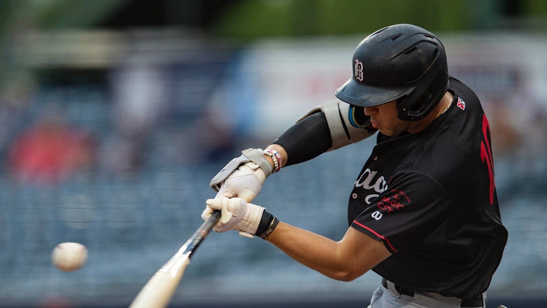 Birmingham Barons’ Jacob Gonzalez (10) swings during the game against the Malmö Oat Milkers at Trustmark Park in Pearl, Miss., on Tuesday, July 9, 2024. The Mississippi Braves played as the Oat Milkers as part of the MiLB’s partnership with oat milk company Oatly.