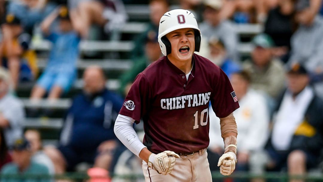 Okemos' Caleb Bonemer celebrates after scoring a run against Grand Ledge in the eighth inning on Wednesday, June 2, 2021, during the Diamond Classic semifinal at Kircher Municipal Park in Lansing.

210602 Gl Okemos Bsball 088a