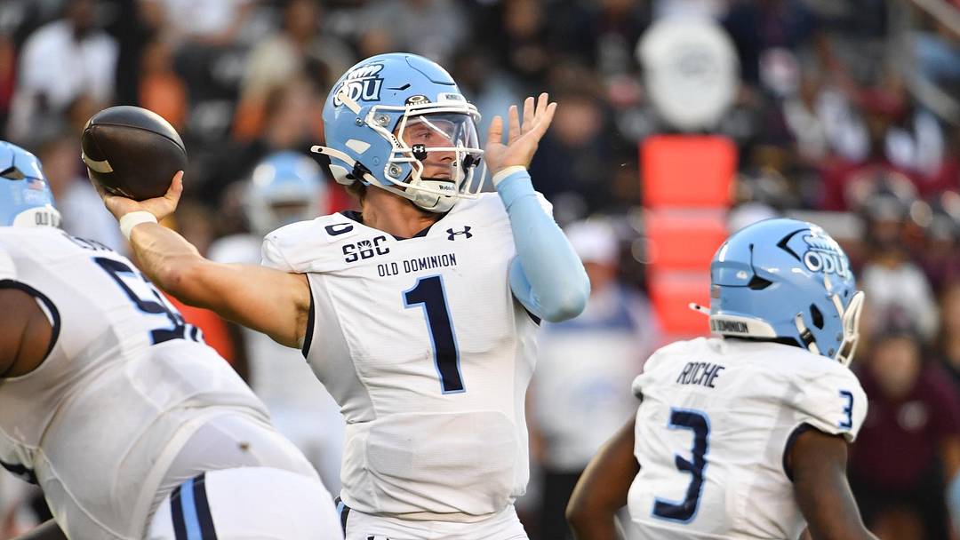 Sep 13, 2025; Blacksburg, Virginia, USA; Old Dominion Monarchs quarterback Colton Joseph (1) throws a pass during the first quarter at Lane Stadium. Mandatory Credit: Brian Bishop-Imagn Images Sep 13, 2025; Blacksburg, Virginia, USA; Old Dominion Monarchs quarterback Colton Joseph (1) throws a pass during the first quarter at Lane Stadium. Mandatory Credit: Brian Bishop-Imagn Images