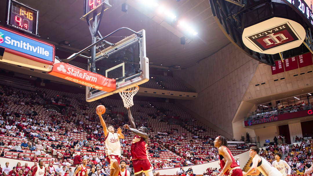 Indiana's Anthony Leal (3) looks to score in the scrimmage during Hoosier Hysteria at Simon Skjodt Assembly Hall on Friday, Oct. 18, 2024.